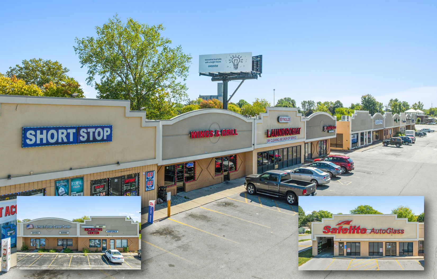 A strip mall with various stores and parked cars under a clear sky. A strip mall with various stores and parked cars under a clear sky.